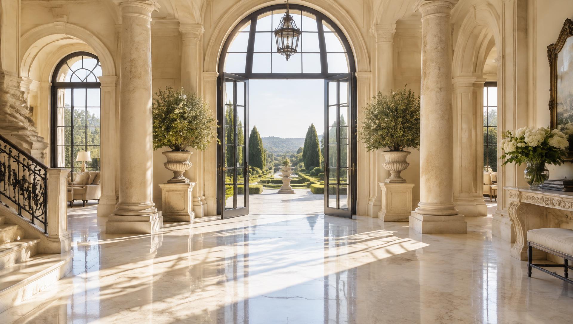 Sunlit limestone entrance foyer with tall arched French doors opening to the gardens